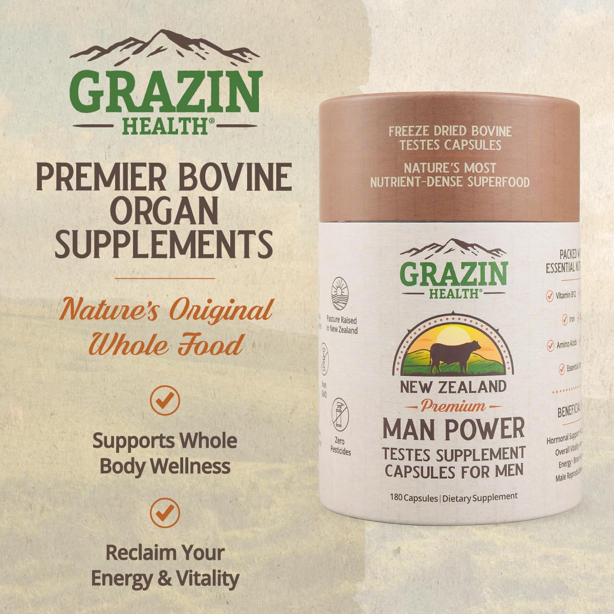Bovine Organ Complex 3000mg per Serving (30 Servings) | Pancreas, Liver, Spleen, Kidney, Heart (600 Mg per Organ per Capsule) Grass Fed