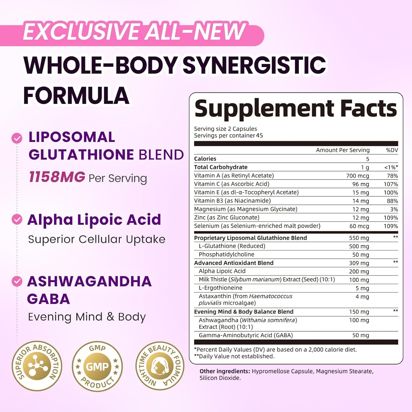 Liposomal Glutathione 1158mg with Astaxanthin for Skin Health 60*2 Vegan CT | 15-in-1 with Milk Thistle, Alpha Lipoic Acid, Antioxidant Complex for Nighttime Skin Radiance, Cellular Health & Liver Detox