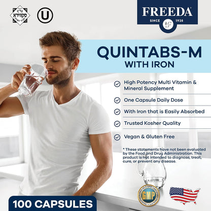FREEDA Multivitamin – Quintabs-M with Iron – Kosher Multi Vitamins Supplements for Women Health - Multivitamins for Women & Iron-Deficient Men Adult Vitamins Multivitamin (100) | Kosher Multivitamin with Iron Formulated for Women & Men - Supporting Daily