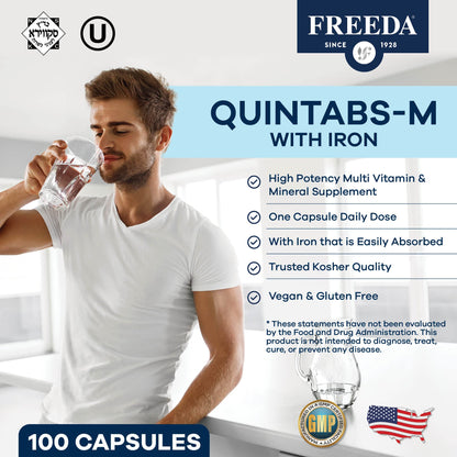 FREEDA Multivitamin – Quintabs-M with Iron – Kosher Multi Vitamins Supplements for Women Health - Multivitamins for Women & Iron-Deficient Men Adult Vitamins Multivitamin (100) | Kosher Multivitamin with Iron Formulated for Women & Men - Supporting Daily