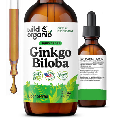 Wild & Organic Ginkgo Biloba Extract Drops - Brain & Focus Support - Liquid Ginkgo Biloba Supplements - Vegan, Sugar & Alcohol-Free Herbal Tincture - 4 fl oz