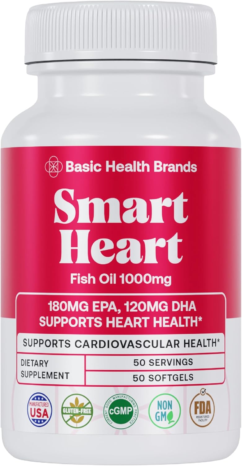 Basic Brands Smart Heart Omega-3 Fish Oil 1000 mg | Heart, Brain & Joint Health, Healthy Triglycerides, Purified Fish Oil, Non-GMO, Gluten-Free, 50 Softgels