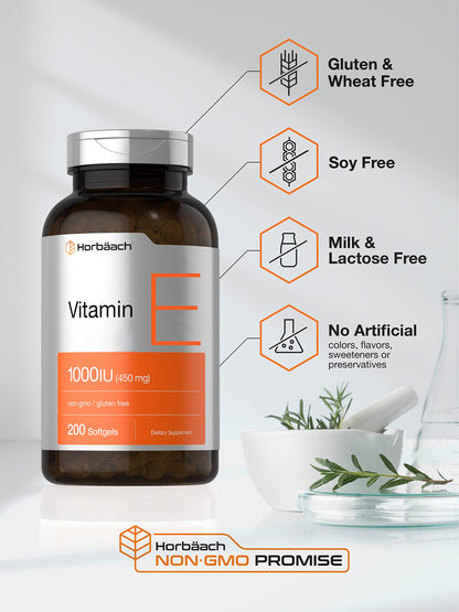 Vitamin E 1000 IU Softgel Capsules | 200 Count | Non-GMO, Gluten Free, Preservative Free