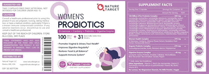 NATURE TARGET Probiotics for Women, 100 Billion CFU, 90 Veggie Capsules | Prebiotics & Enzymes Support Digestive Health & Gut Balance, With Cranberry For Vaginal & Urinary Tract Health, Shelf-Stable