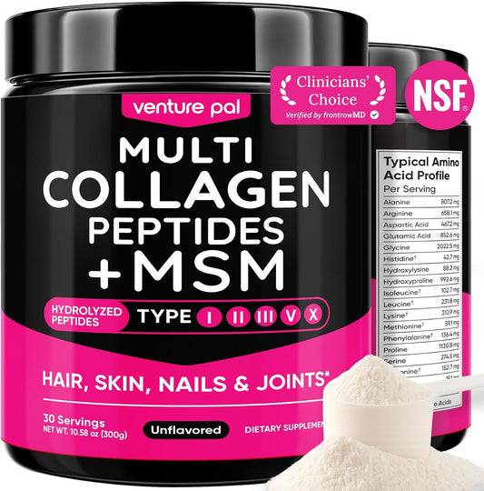 Multi Collagen Powder Type I II III V X, Hydrolyzed Collagen Peptides | With MSM, Glucosamine Chondroitin, Hyaluronic Acid & Vitamin C to Support Skin, Hair, Nails & Joint Health, Unflavored