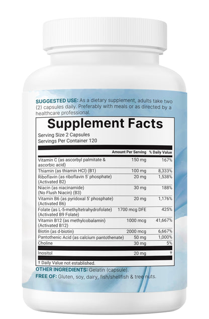 Micro Ingredients Pure Methylated B Complex, 240 Capsules | 11-in-1 Formula with Methylfolate, B12, Thiamin, Inositol, Choline, & Fat Soluble Vitamin C | Clean Ingredients Without Fillers | Non-GMO