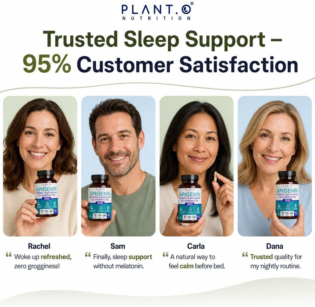 PLANT.O NUTRITION Apigenin 50mg Supplement for Sleep Support & Relaxation - Melatonin Free Bioflavonoid Capsules Found in Chamomile Tea, Third Party Tested, Gluten Free, 60 Capsules