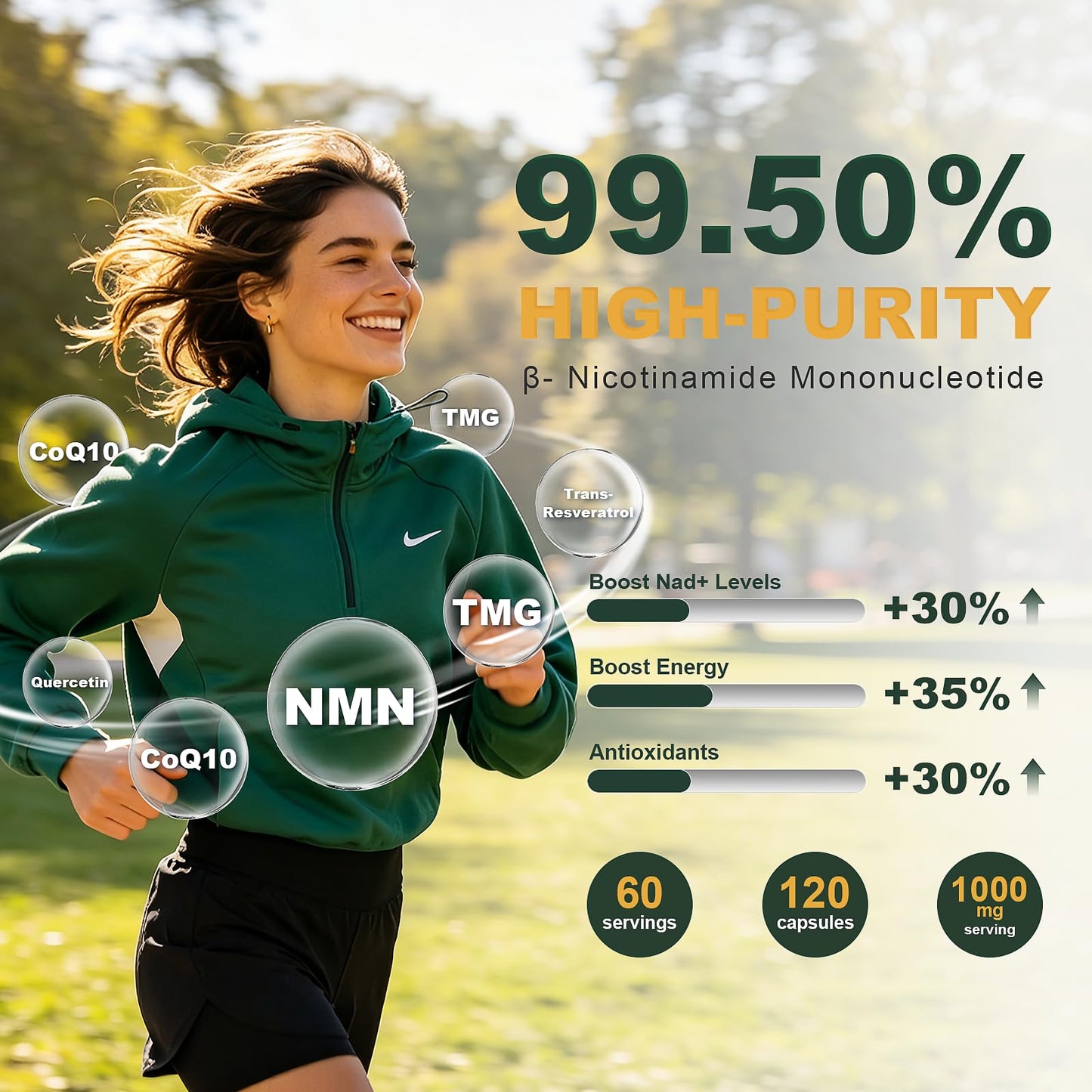NMN Supplement, NAD+ Precursor Support 1000mg 5-in-1 Complex with 600mg Nicotinamide Mononucleotide and TMG 200mg, Trans-Resveratrol, Quercetin, CoQ10 for Cellular Energy, Antioxidant Support