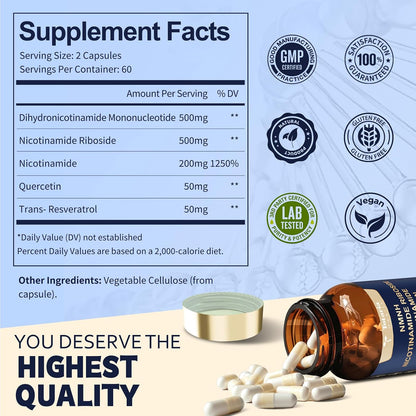 Totaria NMNH 500mg (Dihydronicotinamide Mononucleotide), Premium NMN Alternative Supplement w/Niacinamide (Vitamin B3), Quercetin, Trans-Resveratrol, for NAD+, Skin Cell, Anti-Aging & Energy, 120 Ct