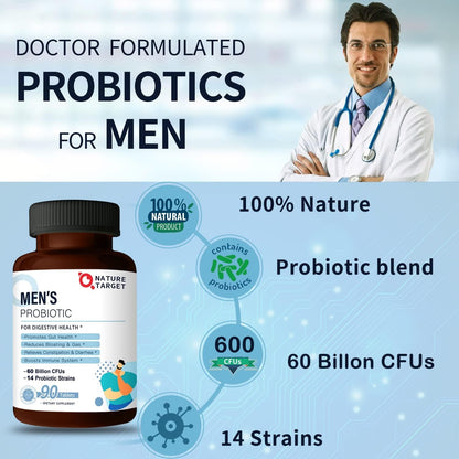 NATURE TARGET Probiotics for Men, 60 Billion CFU, 90 Veggie Tablets | 14 Strains Probiotics & Prebiotics for Men's Digestive & Immune Health, Shelf Stable, Gluten & Soy Free