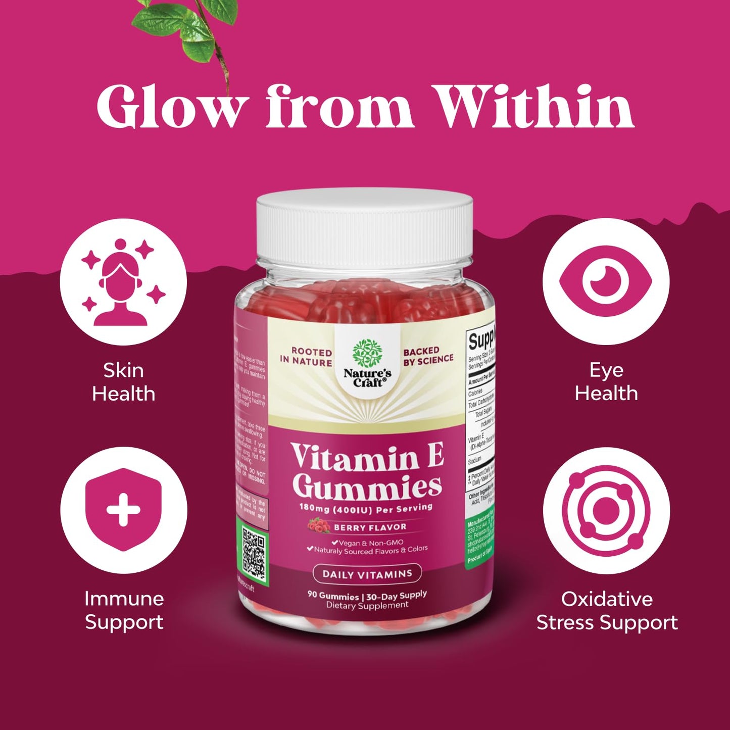 Natures Craft Vitamin E Gummies for Skin Care - High-Potency Vitamin E 400 IU Skin Supplement - Delicious & Easy-to-Take Supplement Promote Health Immune Support & Cellular Protection 90 Count