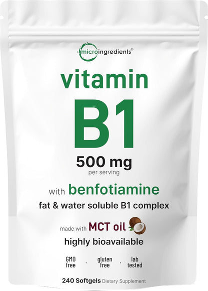 Micro Ingredients Vitamin B1 Thiamine 500mg with Benfotiamine & MCT Oil, 240 Softgels | Highly Bioavailable Thiamine Supplement for Energy & Nervous System Support* | Non-GMO, Soy Free