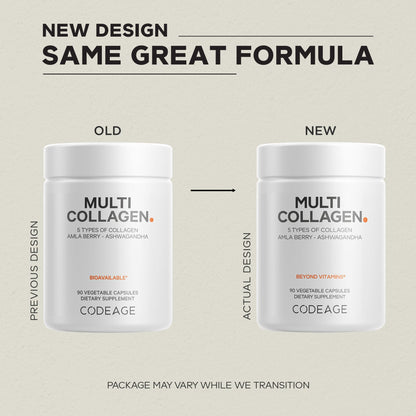 Codeage Multi Collagen Peptides Protein Capsules, 5 Collagen Types, Grass-Fed & Hydrolyzed Bovine Collagen Pills Supplement, Ashwagandha, Amla Berry Vitamins, Collagen Peptides - 90 Capsules