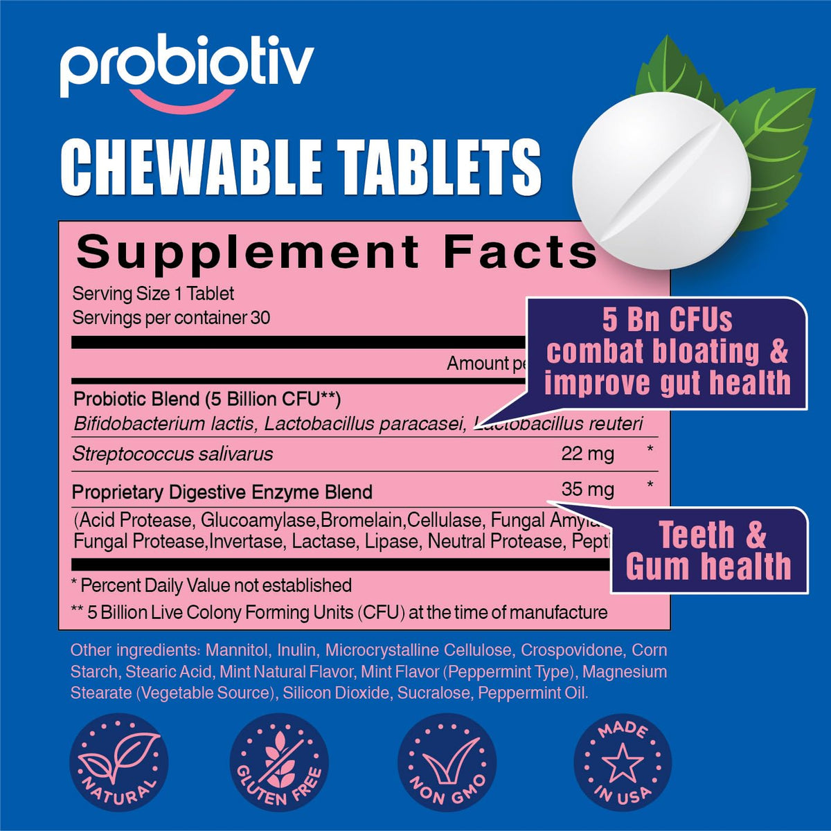 Probiotiv Chewable Probiotics for Daily Bloating w/ 5 Billion CFU – “Two-in-One Combo”