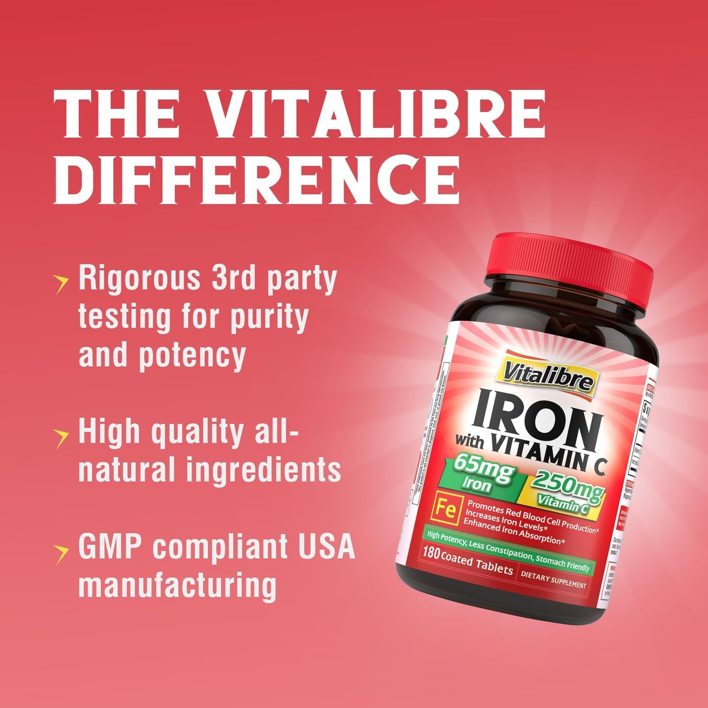 Iron Supplement, 65mg Carbonyl Iron with 250mg Vitamin C, Stomach Friendly | Iron Pills for Blood Building Women & Men, High Absorption, No Nausea, No Constipation, Non-GMO, No Gluten, 60 Vegan Tabs