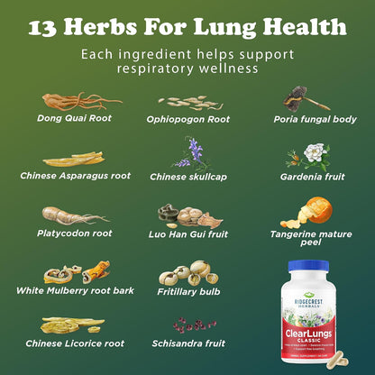 RidgeCrest Herbals ClearLungs Classic Natural Lung Health Support 60 Ct | 30 Servings, 13 Unique Herbs, Nasal Wellness, Respiratory and Bronchial Support, Sinus, Mucus and Immune Health