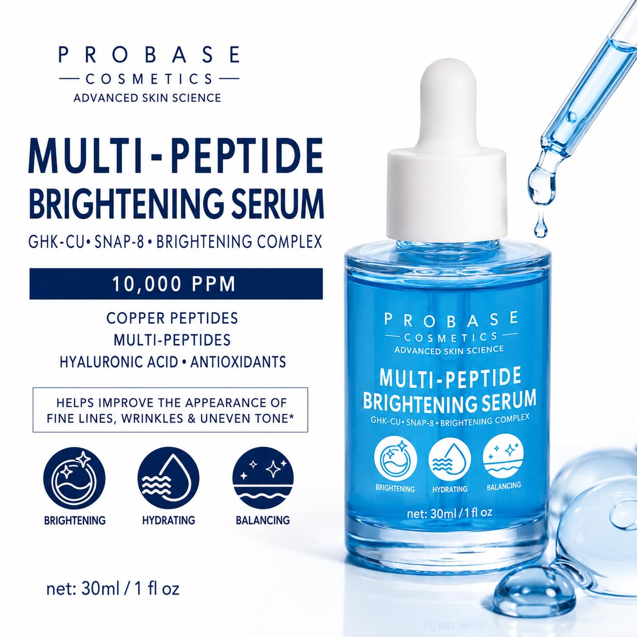 Copper Peptide Face Serum, 1 fl. oz. | Hyaluronic Acid, Collagen, GHK-Cu + SNAP-8, 10,000 ppm