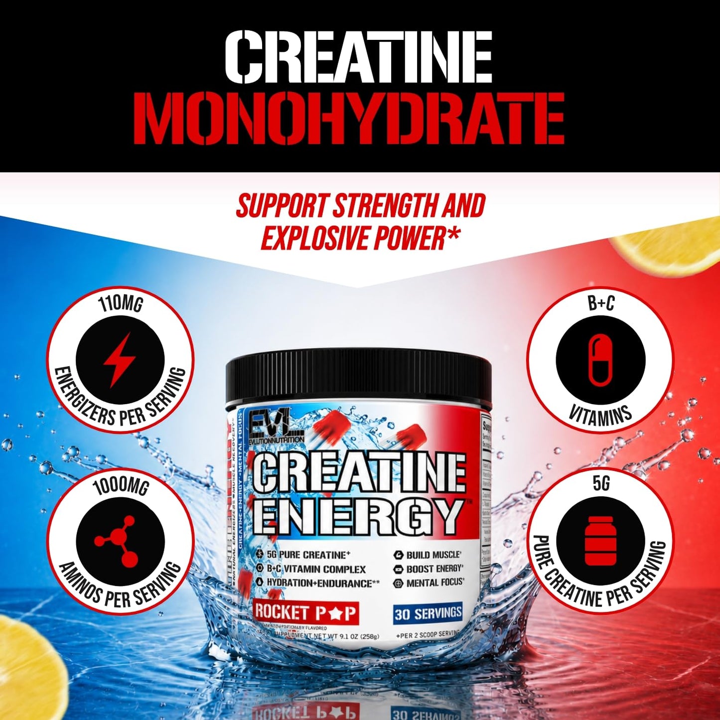 Evlution Nutrition Creatine 5000 - Supports Faster Recovery Lean Muscle Growth & Performance - Pre & Post Workout Powder - 5000mg Pure Creatine Monohydrate Per Serving - 60 Servings - Unflavored