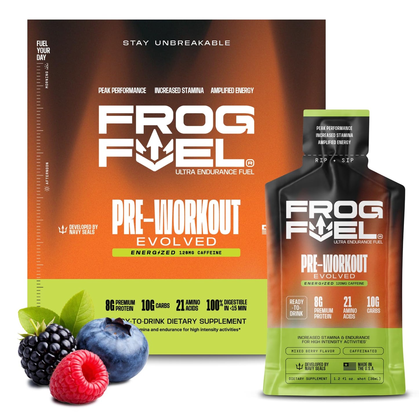 Frog Fuel Ultra Energy Gel & Pre Workout Shot, 120mg Caffeine, Berry, 24 pk | 1500mg Beta Alanine, Electrolytes 8g Protein Nano-Hydrolyzed Grass Fed Collagen, 10g Carbs, Gluten Free, 1.2 oz Gel Packs