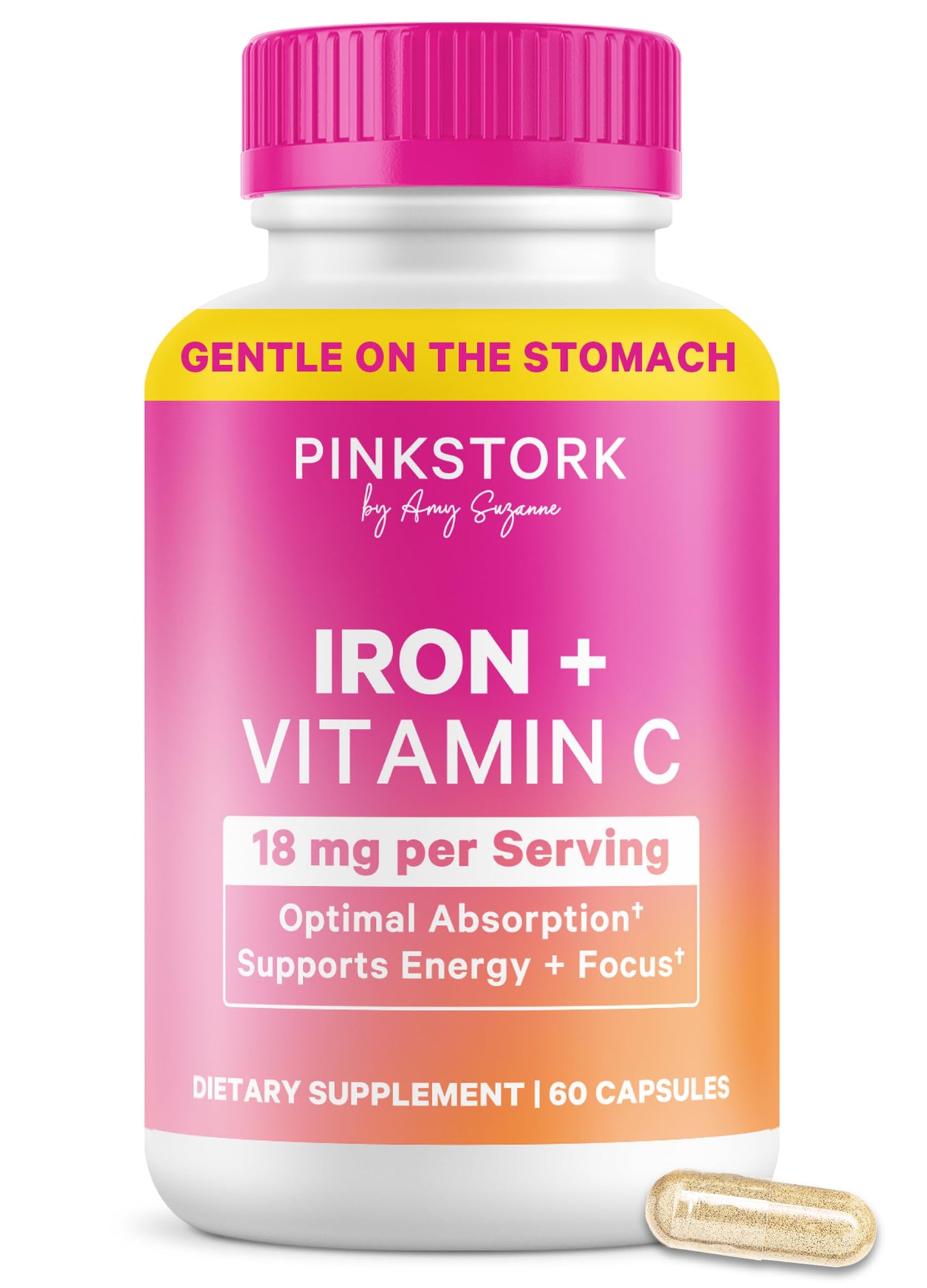 Pink Stork Iron for Women with Vitamin C, 60 Capsules, 2-Month Supply | 18 mg Chelated Iron Bisglycinate + Vitamin C, Supports Energy, Focus + Oxygen, Pregnancy, Postpartum, PMS + Perimenopause