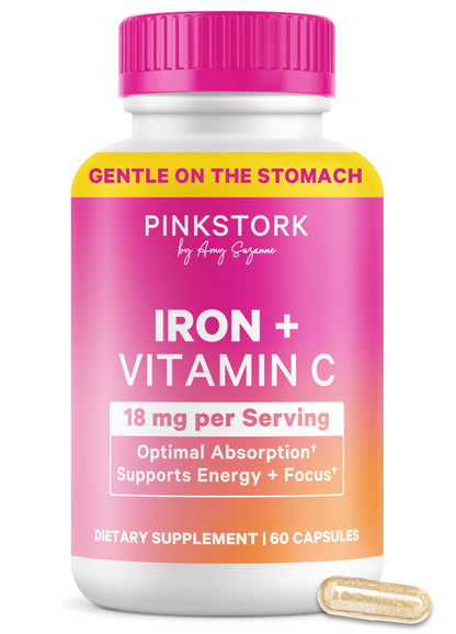 Pink Stork Iron for Women with Vitamin C, 60 Capsules, 2-Month Supply | 18 mg Chelated Iron Bisglycinate + Vitamin C, Supports Energy, Focus + Oxygen, Pregnancy, Postpartum, PMS + Perimenopause