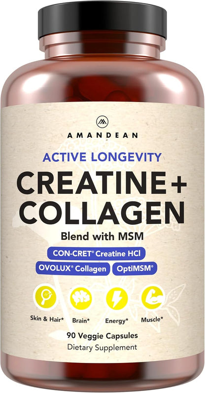 AMANDEAN Creatine HCl + Collagen + MSM Capsules, CON-CRET & OptiMSM, 90ct