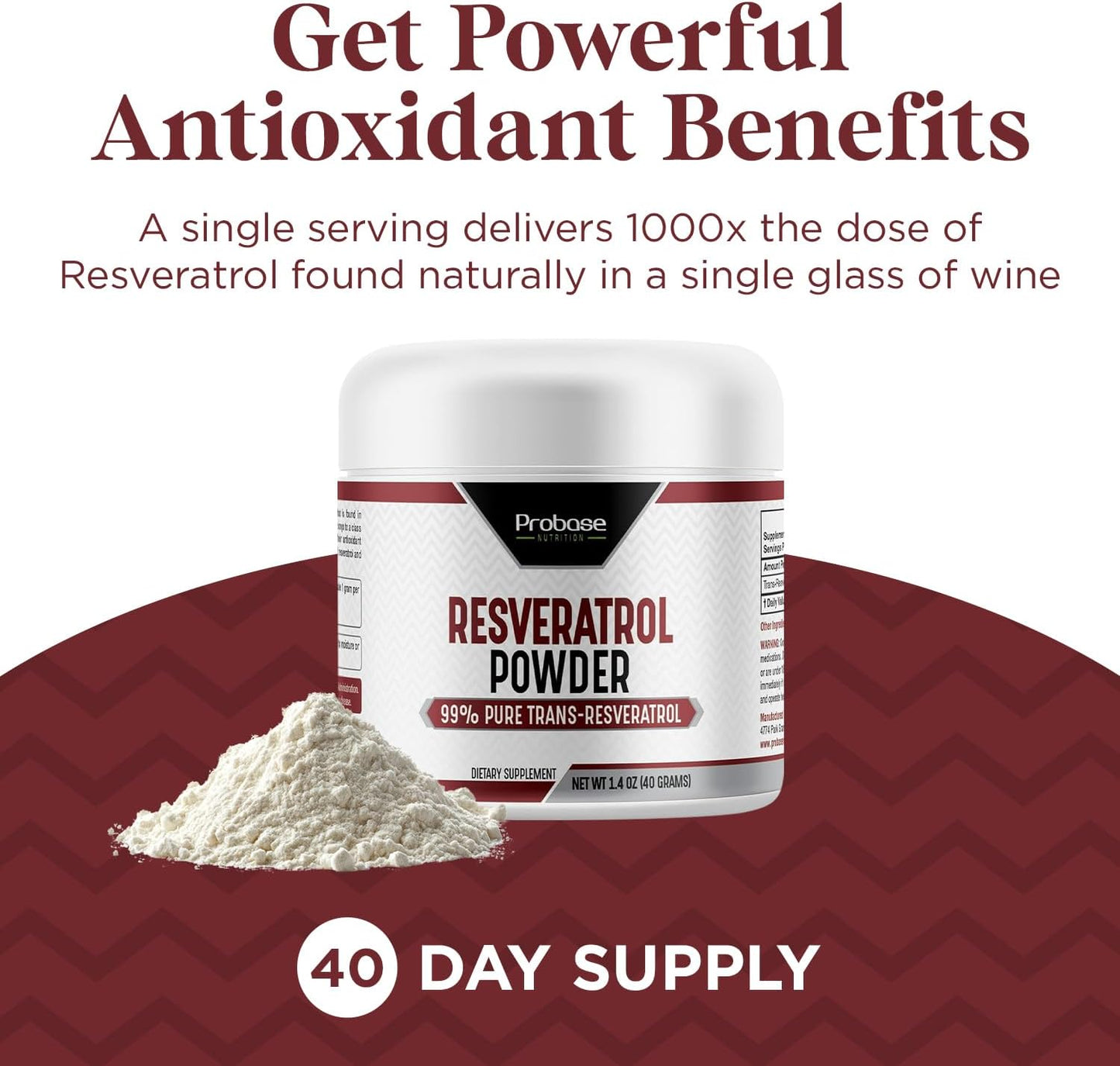 Probase Nutrition Trans Resveratrol Supplement, High Purity Resveratrol Powder for Age Support, 40-Day Supply, 40 Grams