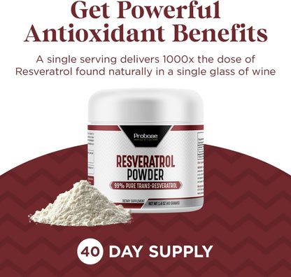 Probase Nutrition Trans Resveratrol Supplement, High Purity Resveratrol Powder for Age Support, 40-Day Supply, 40 Grams