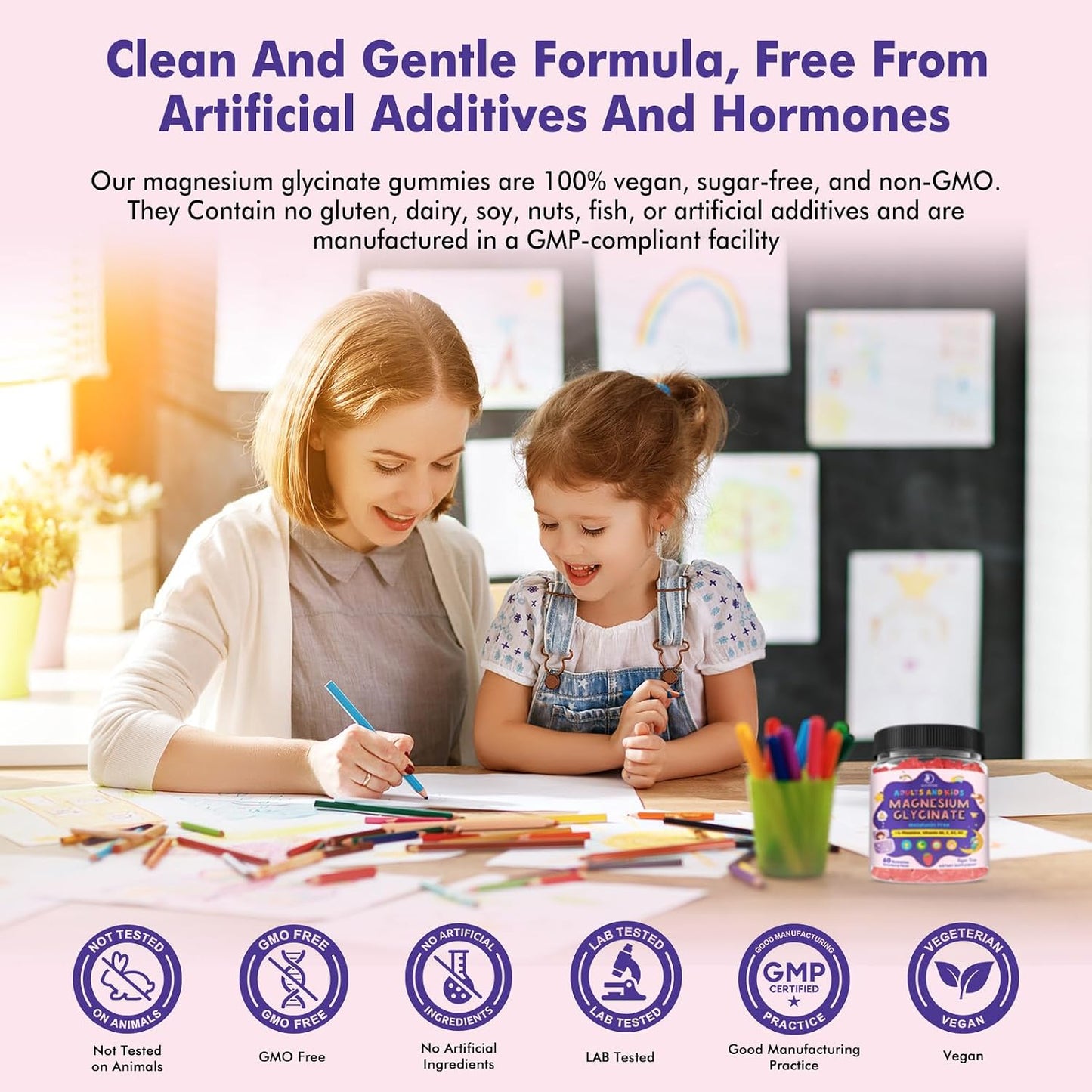 Magnesium Glycinate Gummies for Kids 4+ & Adults- Magnesium Glycinate 150/300 mg for Natural Sleep, Relaxation & Calm Support, Melatonin Free, Sugar Free Strawberry Flavor, 60 Ct