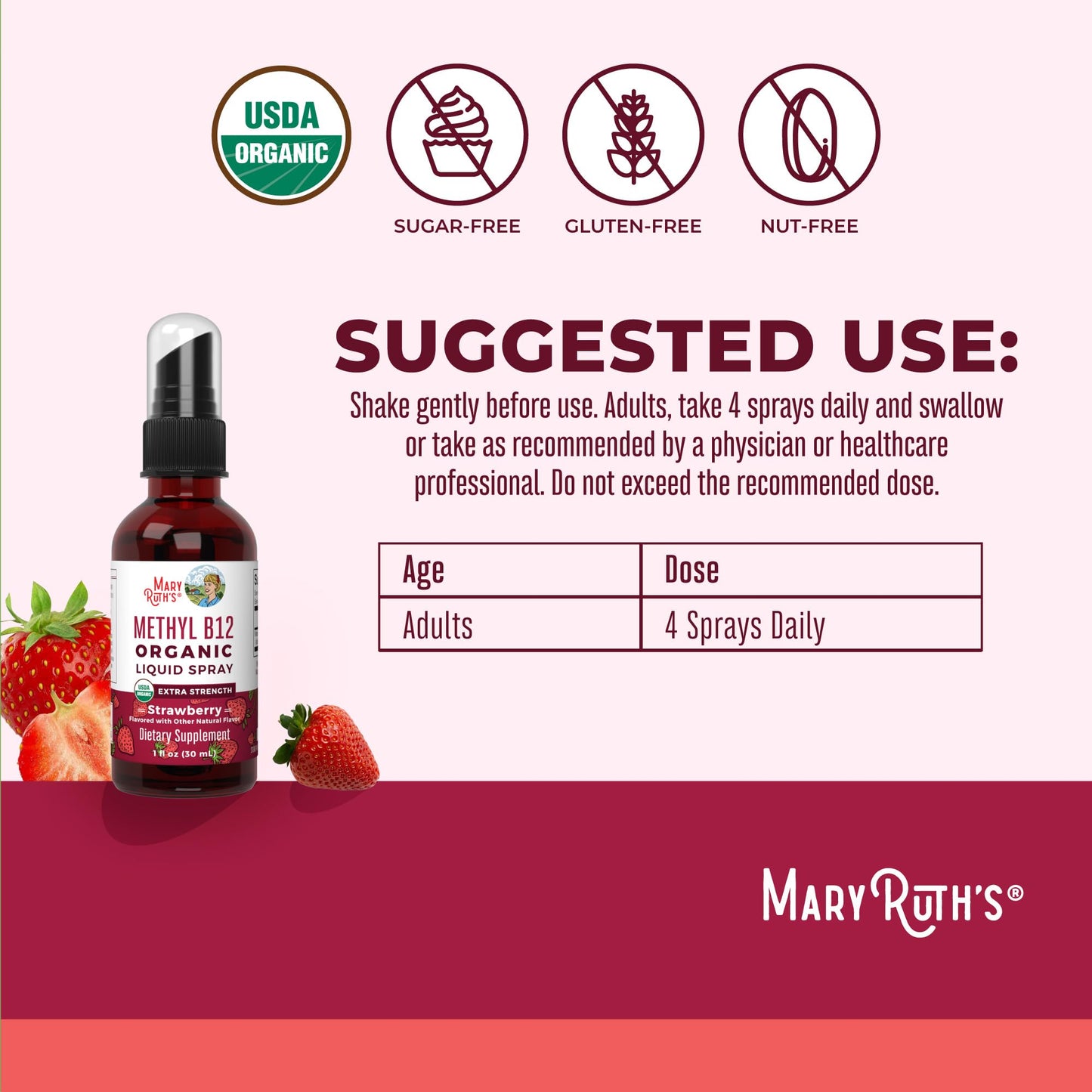 MARYRUTH'S Organic Methyl B12 Spray | 1,500 mcg B12 Per Serving | Methylcobalamin | Energy Metabolism | Cognitive Function | Neuro Health | Vegan | Gluten Free | Sugar Free | 1 Fl Oz