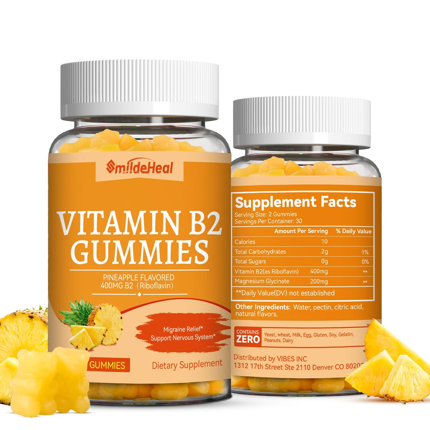 Vitamin B2 Gummies,Riboflavin 400mg Supplement with Magnesium for Adults | B2 Gummies for Migraine Relief* & Nervous System Support*,Vegan - 60 Counts