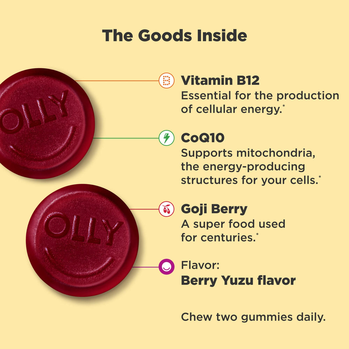 OLLY Extra Strength Daily Energy Gummy, Caffeine Free, 1000mcg Vitamin B12, CoQ10