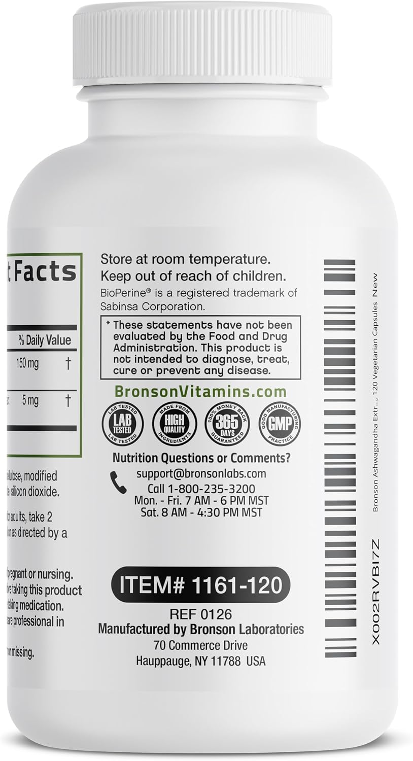 Bronson Ashwagandha Extra Strength Stress & Mood Support 120 Capsules | Vegetarian, Non-GMO, Gluten-Free, Soy-Free, BioPerine for High Absorption