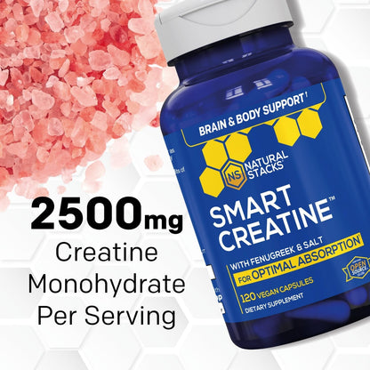 Creatine Monohydrate 2500mg Capsules, Advanced Absorption, 120 Count | With 450mg fenugreek extract and 250mg Himalayan pink salt. Supports muscle building, endurance, and brain health.