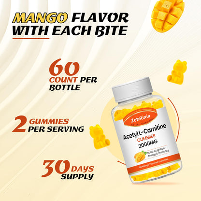 2 Pack Acetyl L-Carnitine Gummies, L-Carnitine Supplement for Women & Men, Nutrition Supplement for Boost Energy, Immunity & Brain Health, Vegan, Non-GMO, Mango Flavor, 120 Count