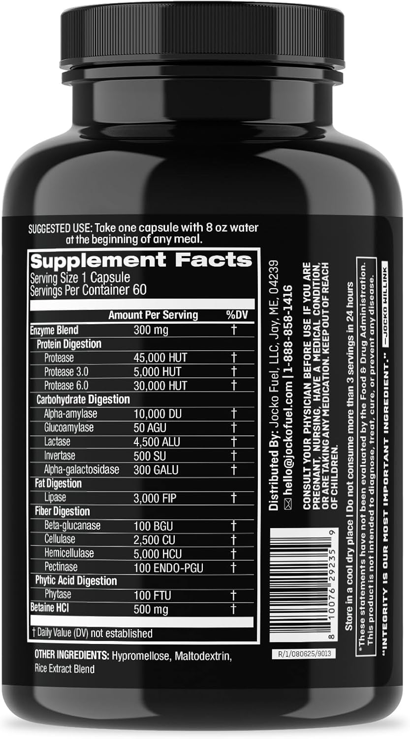 Jocko Fuel Digestive Enzymes - Full Spectrum Support, Nutrient Absorption, Gut Health Support, Digestion Aid - 60 Capsules