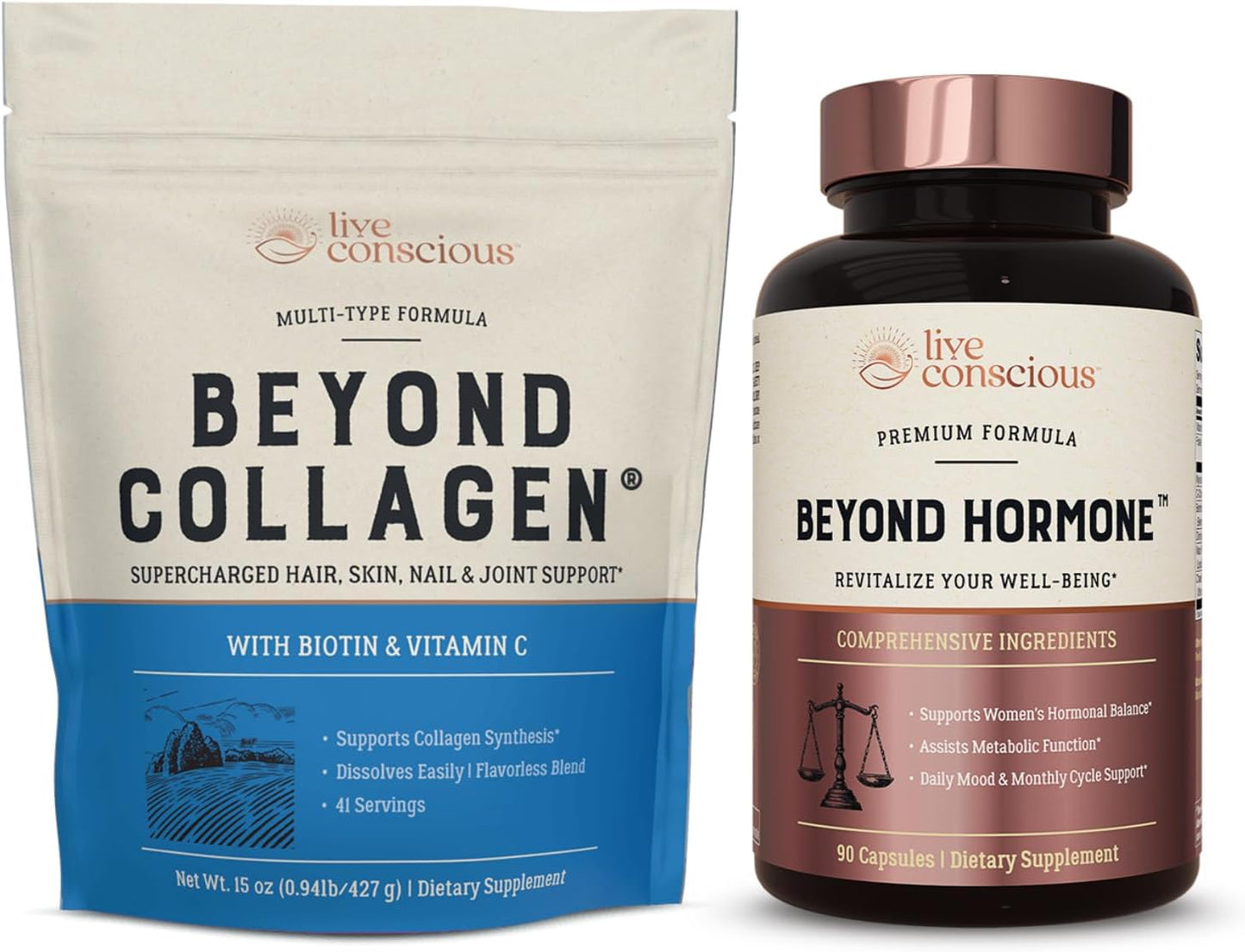 Live Conscious Beyond Collagen Powder & Beyond Hormone | Hair, Skin, Nail, and Joint Support + Promotes Healthy Estrogen Balance for Women
