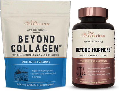 Live Conscious Beyond Collagen Powder & Beyond Hormone | Hair, Skin, Nail, and Joint Support + Promotes Healthy Estrogen Balance for Women