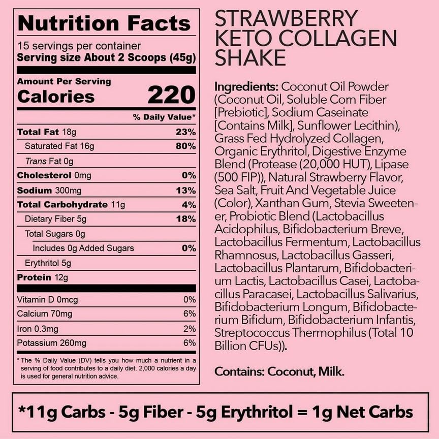 Ketologie Keto Collagen Shake (Strawberry) - with Coconut Oil, Probiotics, Grass Fed Hydrolyze