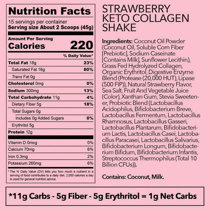 Ketologie Keto Collagen Shake (Strawberry) - with Coconut Oil, Probiotics, Grass Fed Hydrolyze