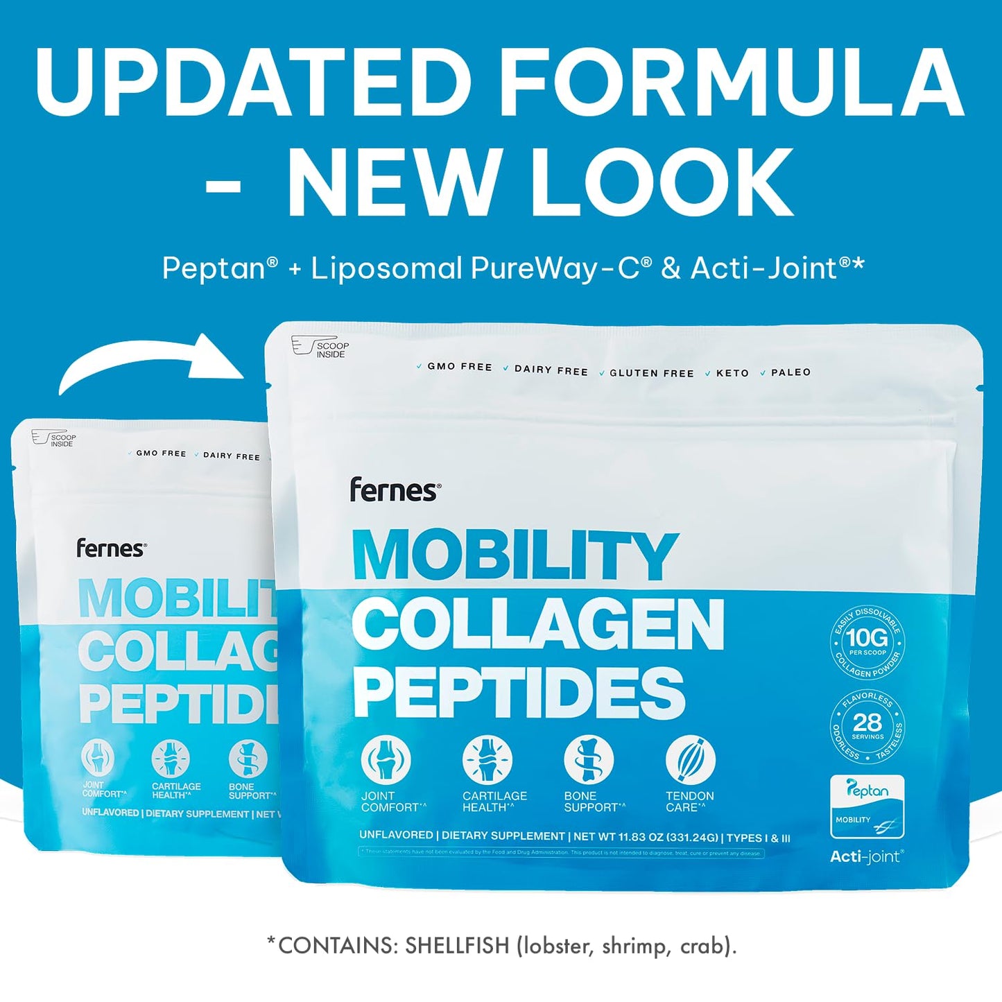 Mobility Collagen Peptides Powder - Glucosamine, Chondroitin, Hyaluronic Acid & Liposomal Vitamin C Joint Bone & Cartilage Support Grass-Fed Type I & III Keto & Paleo 28 Servings, 11.83 oz