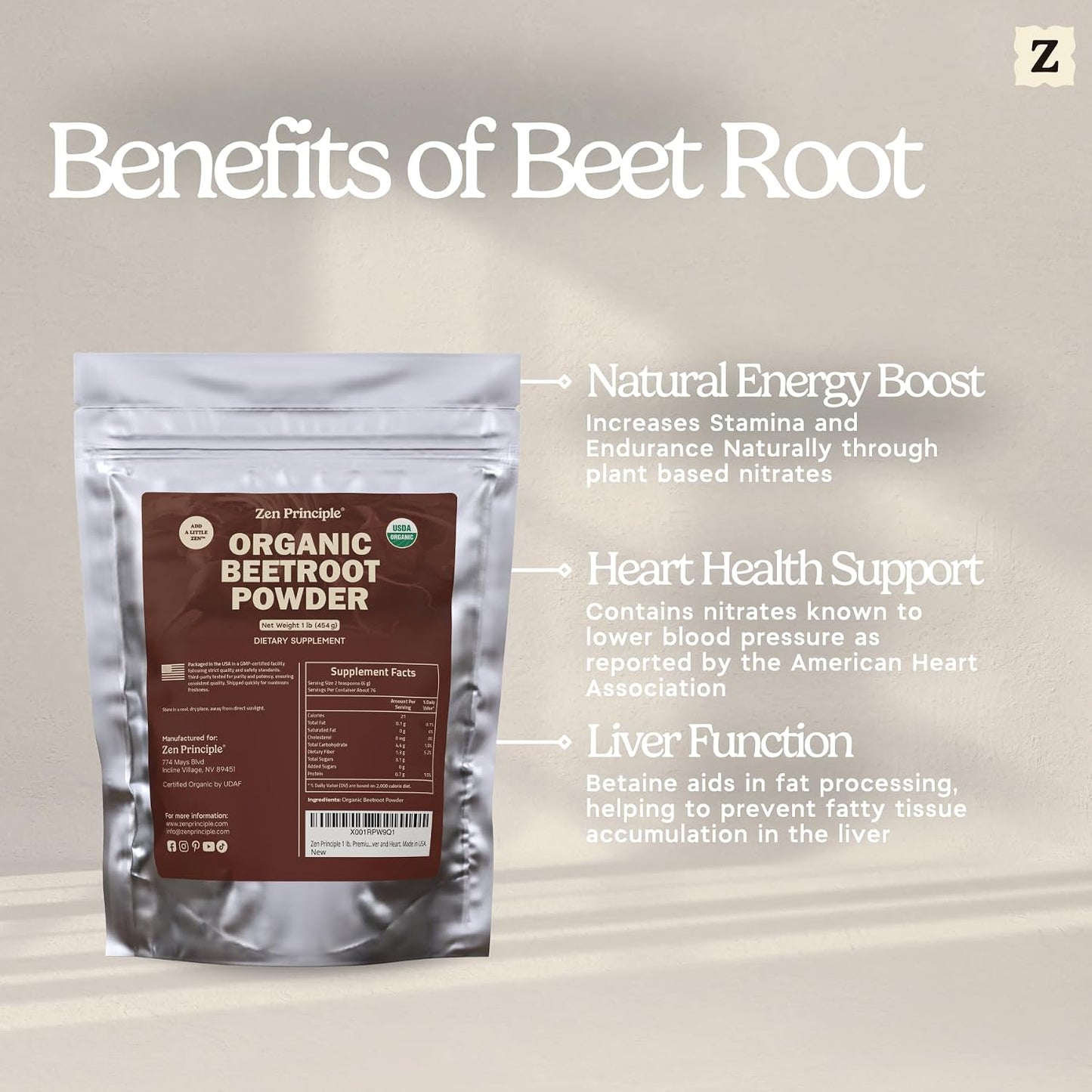 1 lb. Premium Organic Beetroot Powder. 100% USDA Certified. More Fiber and Less Sugar Than Beet Juice. All Natural Energy Boost, Supports Healthy Liver and Heart. Made in USA.