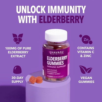 Sambucus Elderberry Gummies with Vitamin C & Zinc, Berry, 30 Servings | Vegan, Non-GMO, Gluten Free Elderberry Gummies, 100mg Extract Per Serving for Immune Support and Wellness Defense, 60 Count