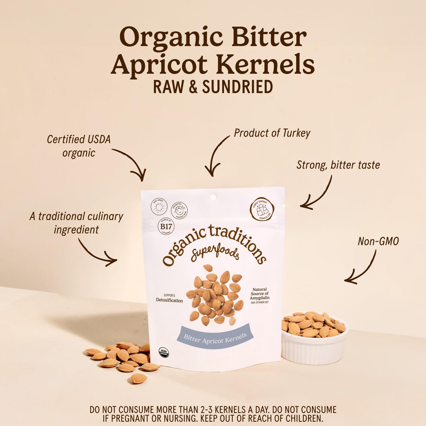Organic Traditions Apricot Kernels, Organic Apricot Seeds, Sundried Sweet and Bitter Taste, Vegan, Source of Vitamin B17, Non GMO, Whole Foods Delivery, Plant Based for Snacking and Blending, 8 oz
