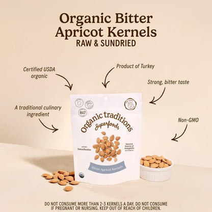 Organic Traditions Apricot Kernels, Organic Apricot Seeds, Sundried Sweet and Bitter Taste, Vegan, Source of Vitamin B17, Non GMO, Whole Foods Delivery, Plant Based for Snacking and Blending, 8 oz