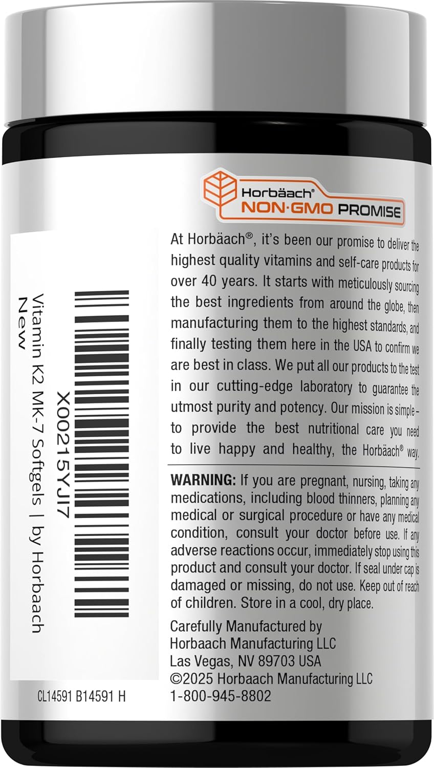 Horbäach Vitamin D3 K2 5000 iu | 100mcg MK-7 Complex | 180 Softgel Capsules | Non-GMO & Gluten Free Supplement