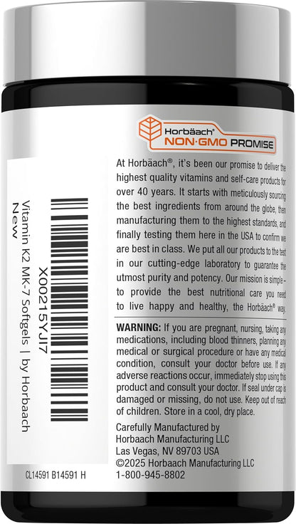 Horbäach Vitamin D3 K2 5000 iu | 100mcg MK-7 Complex | 180 Softgel Capsules | Non-GMO & Gluten Free Supplement