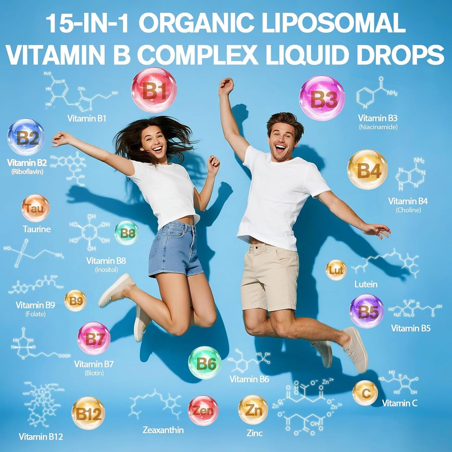 15-in-1 Liposomal Vitamin B Complex Pro Sugar-free B Complex Drops with B1, B2, B3 Niacinamide, Choline, B5, B6, B7 Biotin, Inositol, Folate, B12, Zinc, Lutein, Zeaxanthin, Taurine & Vit. C, 2 fl oz