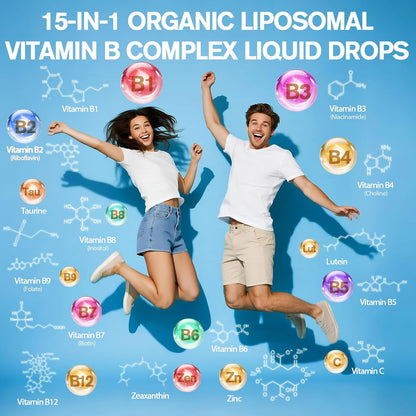 15-in-1 Liposomal Vitamin B Complex Pro Sugar-free B Complex Drops with B1, B2, B3 Niacinamide, Choline, B5, B6, B7 Biotin, Inositol, Folate, B12, Zinc, Lutein, Zeaxanthin, Taurine & Vit. C, 2 fl oz