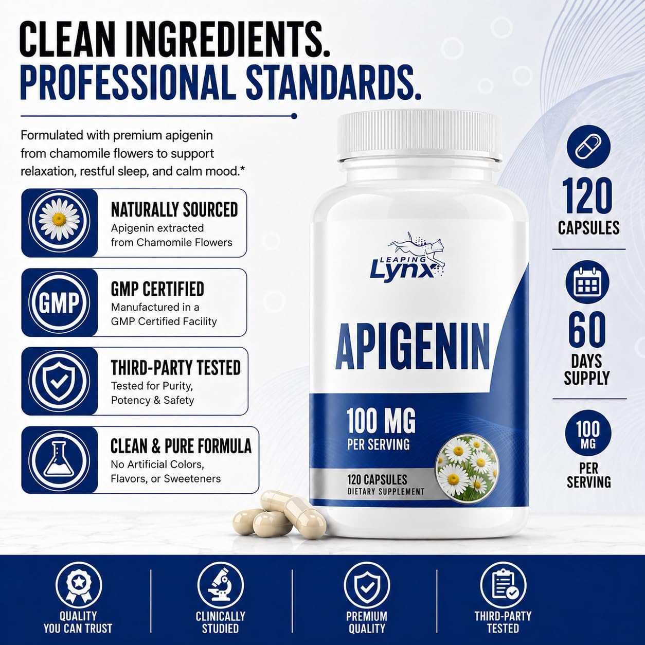 Leaping Lynx Apigenin 100 mg Per Serving (50 mg Per Capsule), 120 Capsules | 60 Day Supply | Sleep Support Supplement for Relaxation, Calm Mood & Healthy Aging | Marigold Extract | Non-GMO